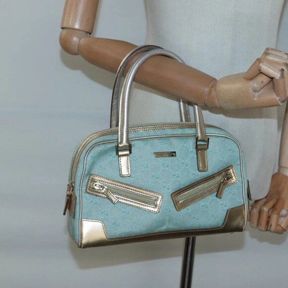 GUCCI GG Canvas Hand Bag Light Blue Gold - Picture 1 of 16